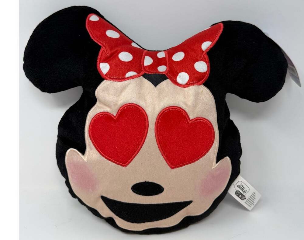 Just Play Disney Minnie Mouse Heart Eyes Emoji Plush Pillow with Red White Bow
